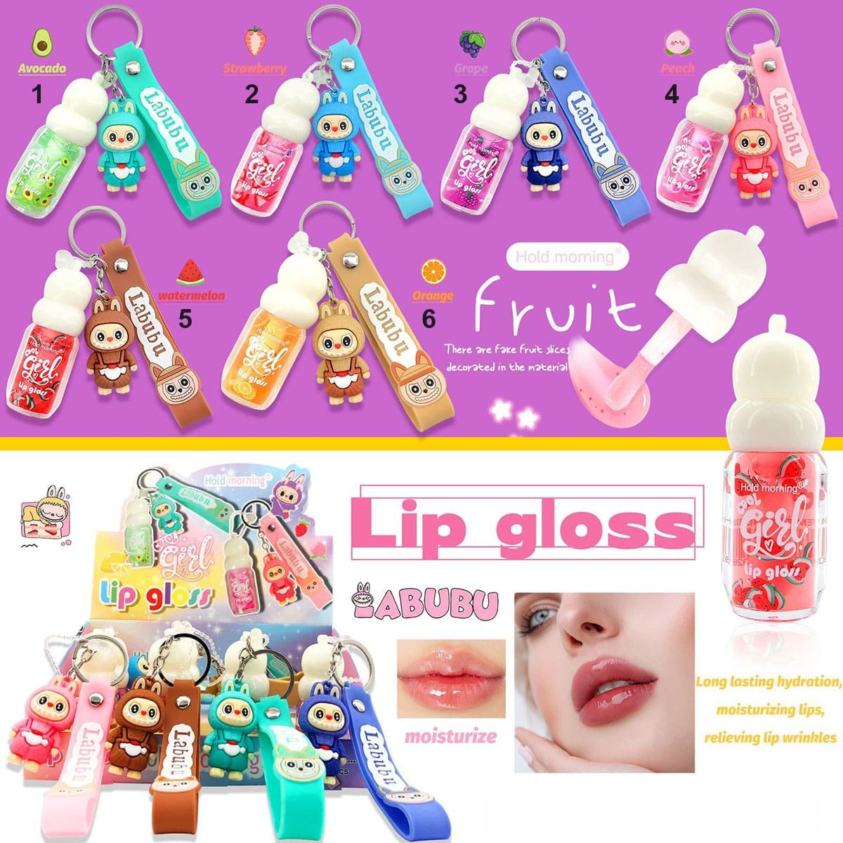 holdmorning Fruit Lipgloss with Labubu keychain 1-min